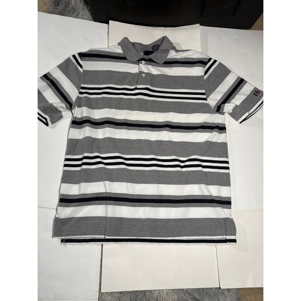 Bugle Boy Mens Large Striped Polo Shirt Gray‎ White Short Sleeve Casual Golf